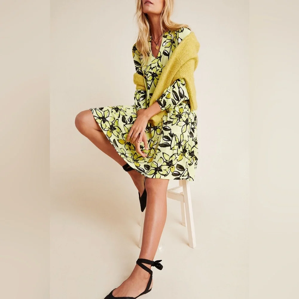 Anthro Maeve Yellow Floral Amber Tiered Tunic Dress, Size M - Picture 3 of 16